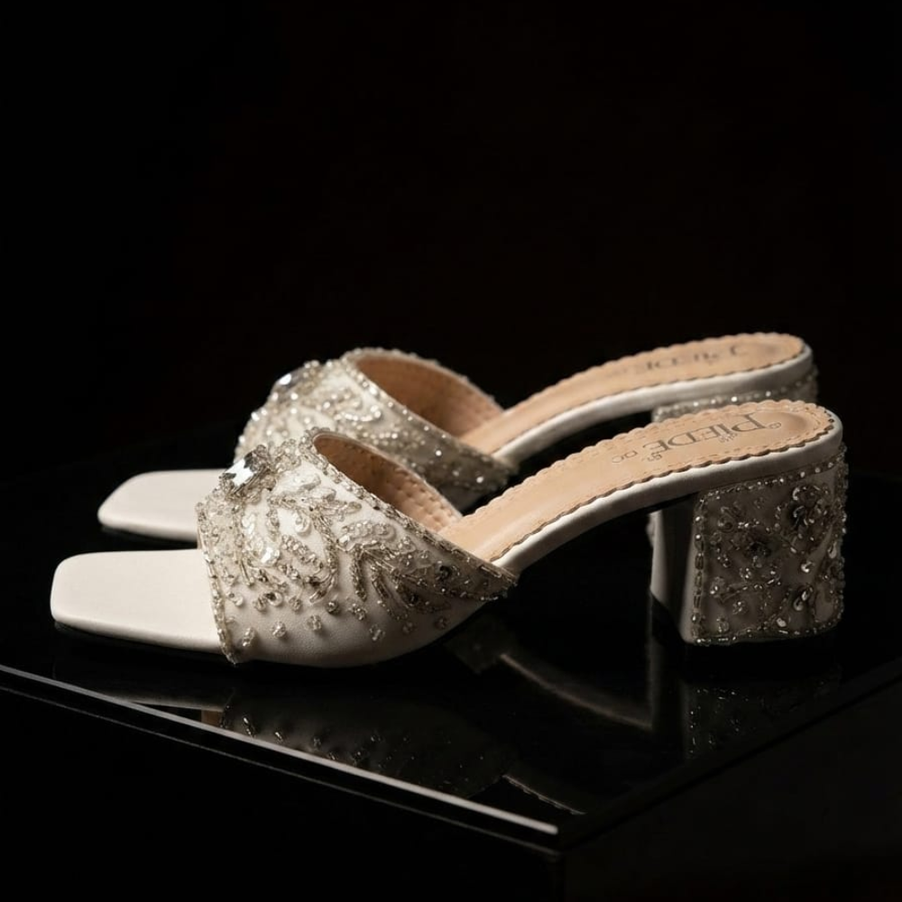 Bridal Handmade White Crystal Block Heel