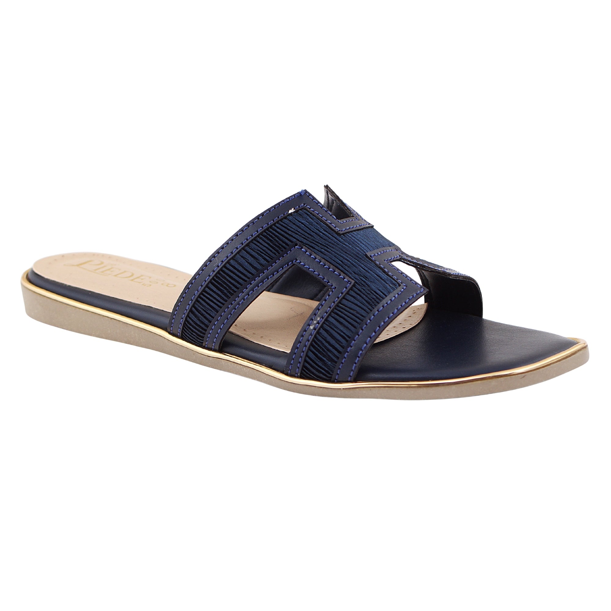 Navy Blue Textured H-Strap Flat