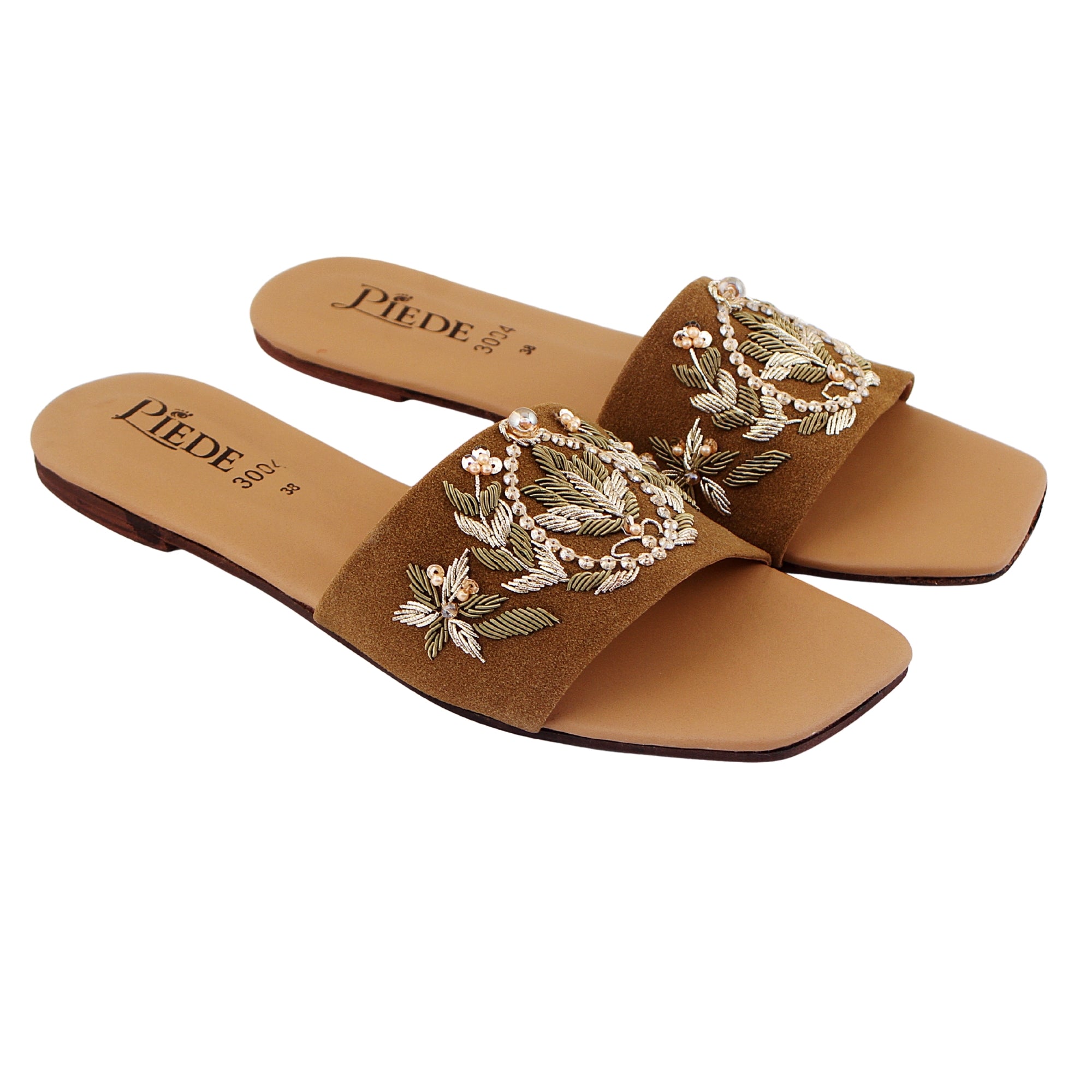 Brown Suede Embroidered Leather Flats