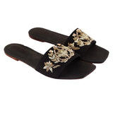 Black Suede Embroidered Leather Flats