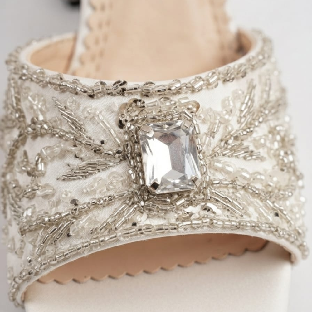 Bridal Handmade White Crystal Block Heel