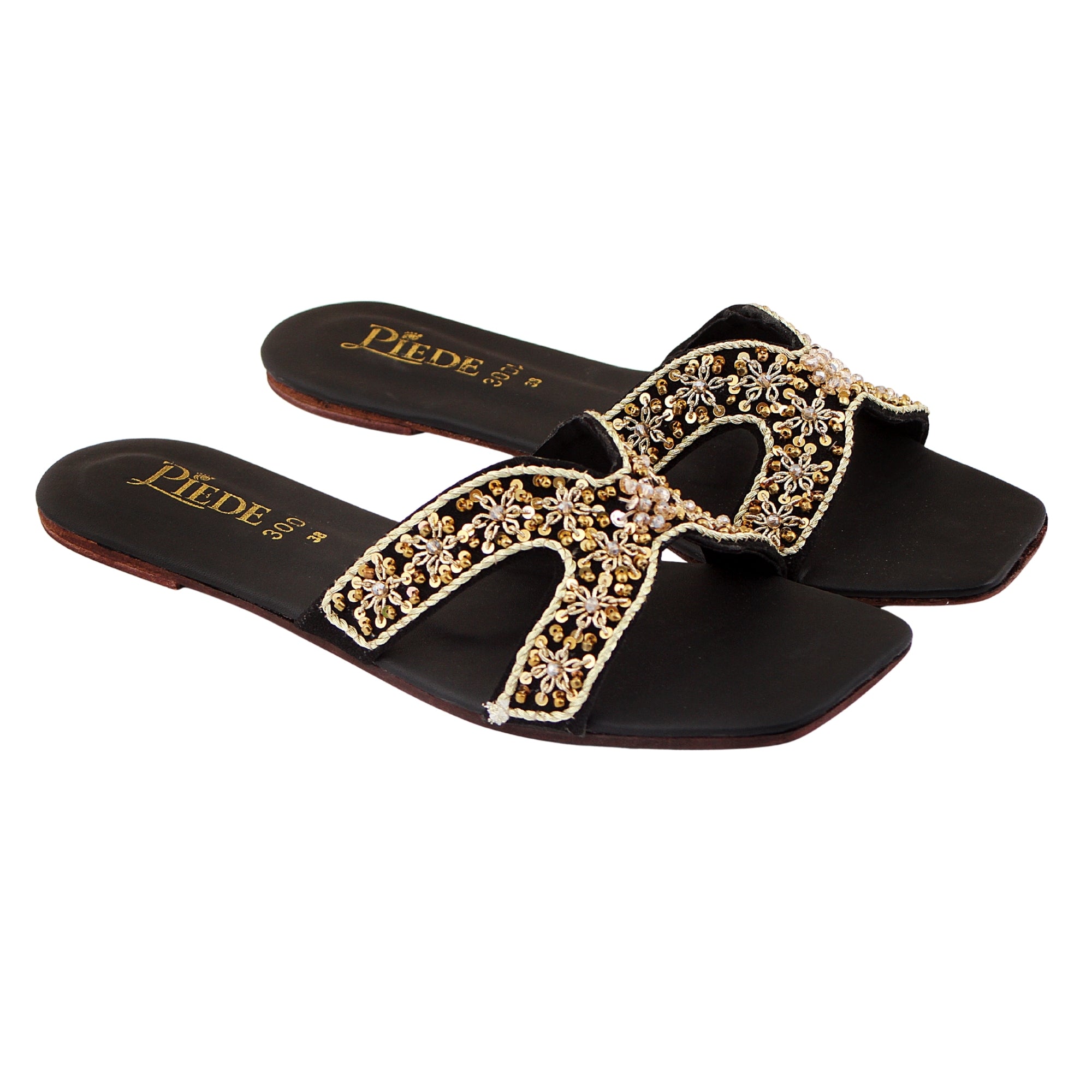 Black Embroidered Leather Flats
