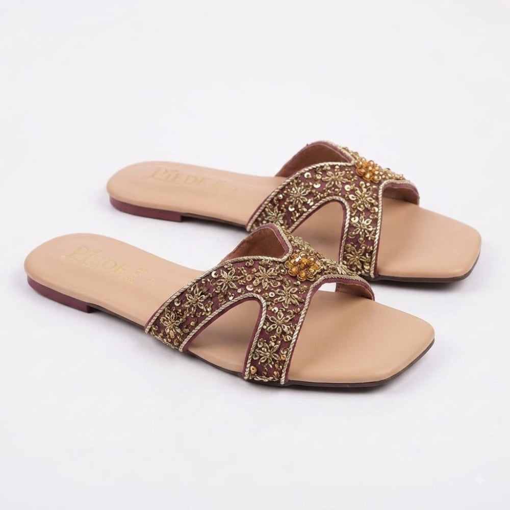 Maroon Embroidered Leather Flats
