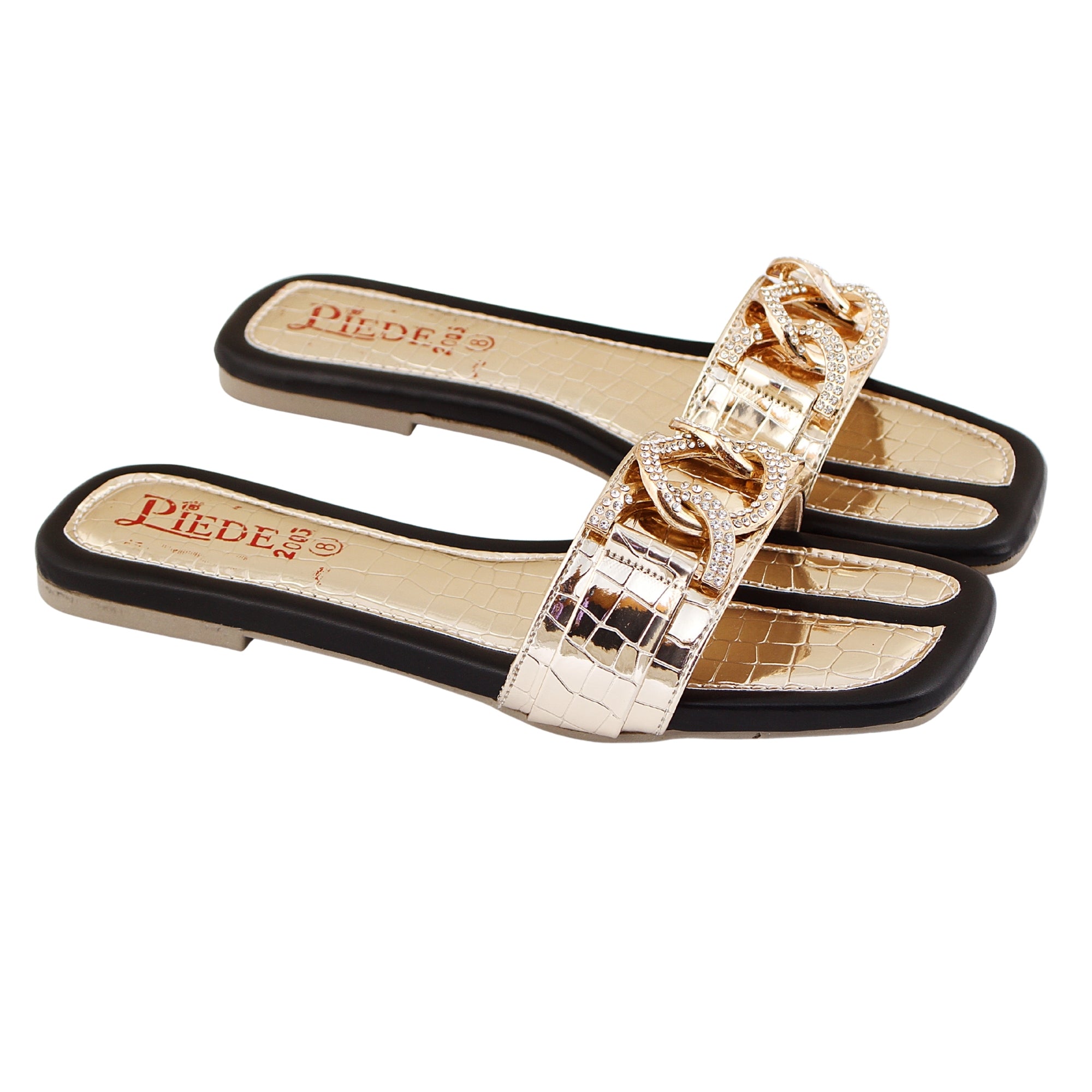 Black Croc Chain-Strap Flats