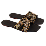 Black Golden-Embroidered Leather Flats