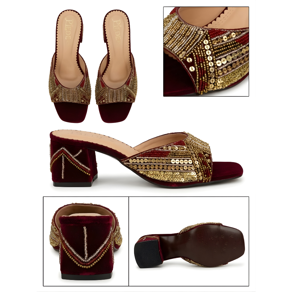 Bridal Maroon Zardozi Handmade Block Heels