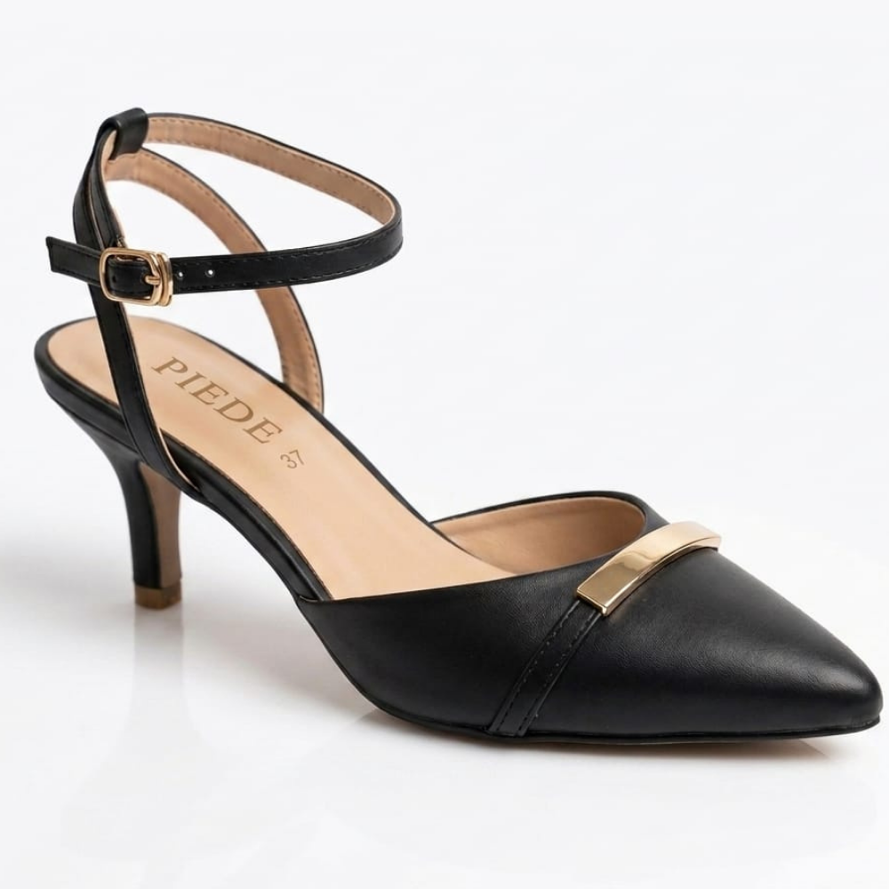 Black Pointed Ankle-Strap Kitten Heels