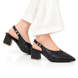 Black Woven Pointed-Toe Block Heels