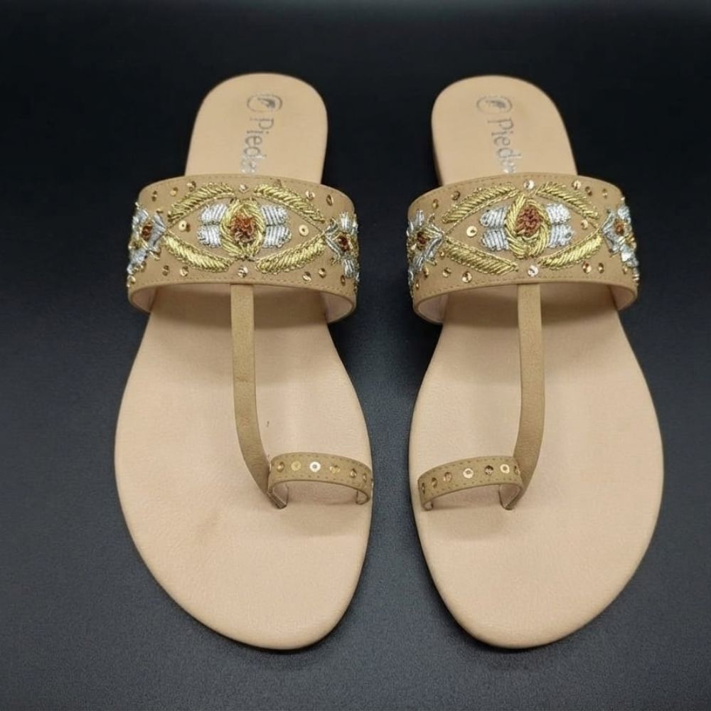 Cream Embroidered Toe-Ring Flats