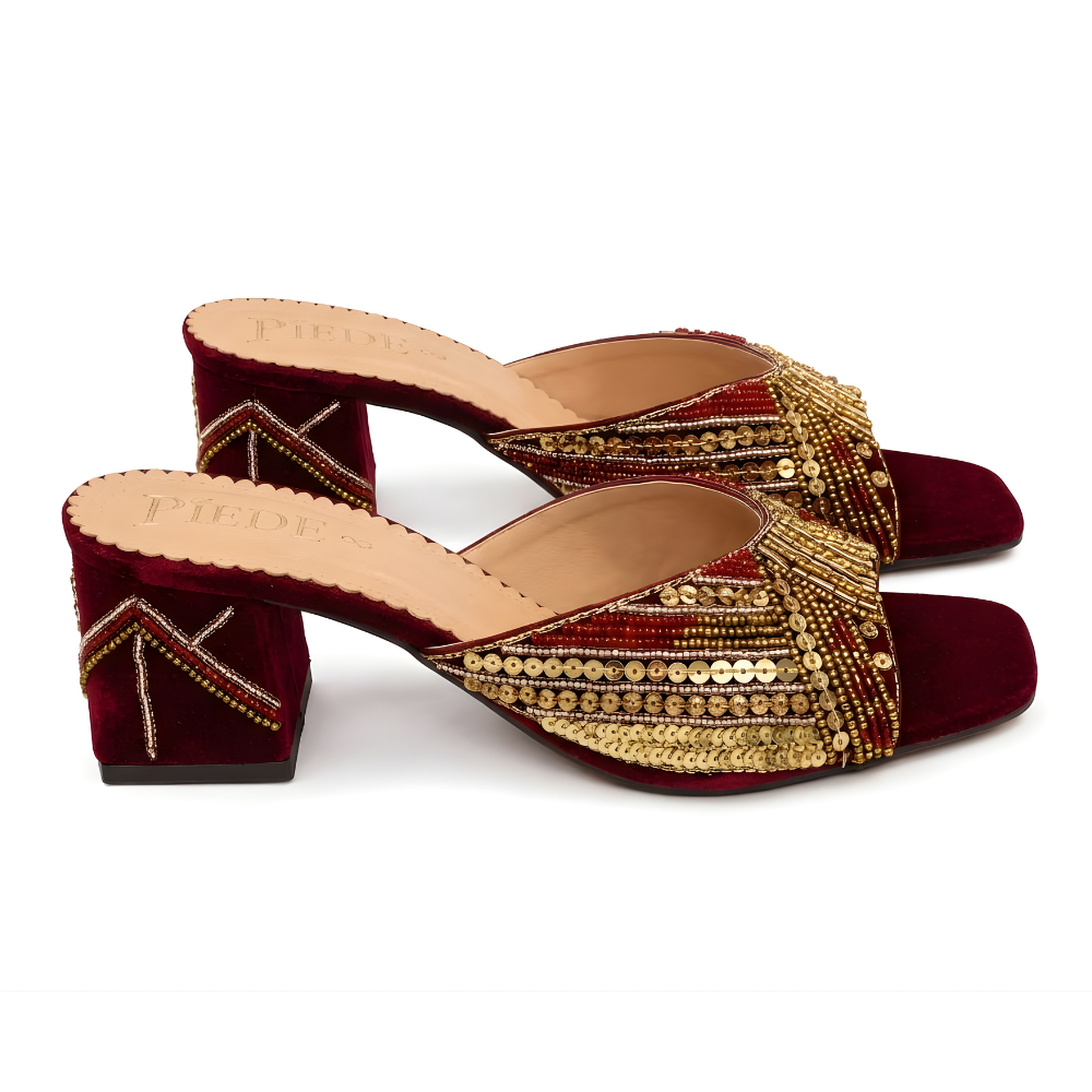 Bridal Maroon Zardozi Handmade Block Heels