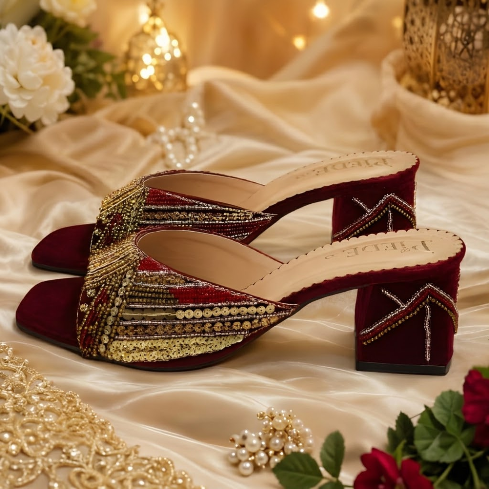 Bridal Maroon Zardozi Handmade Block Heels