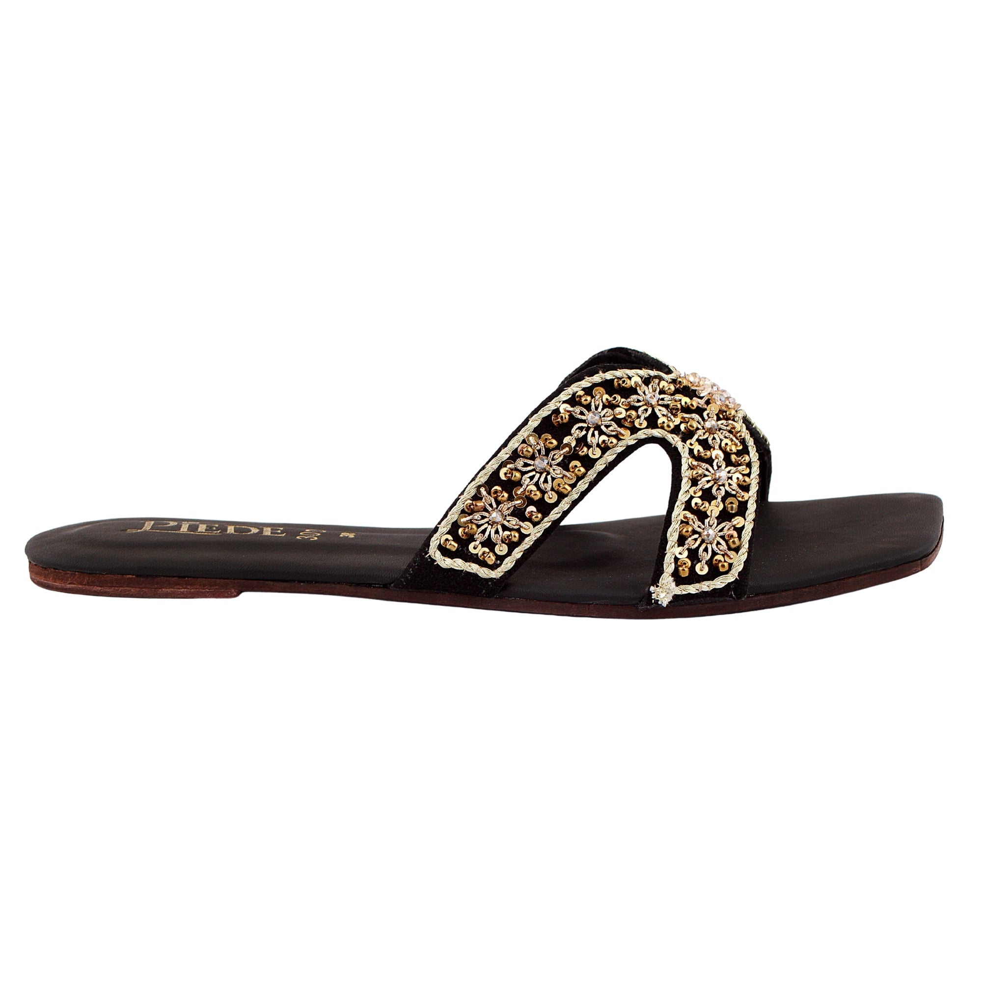 Black Embroidered Leather Flats