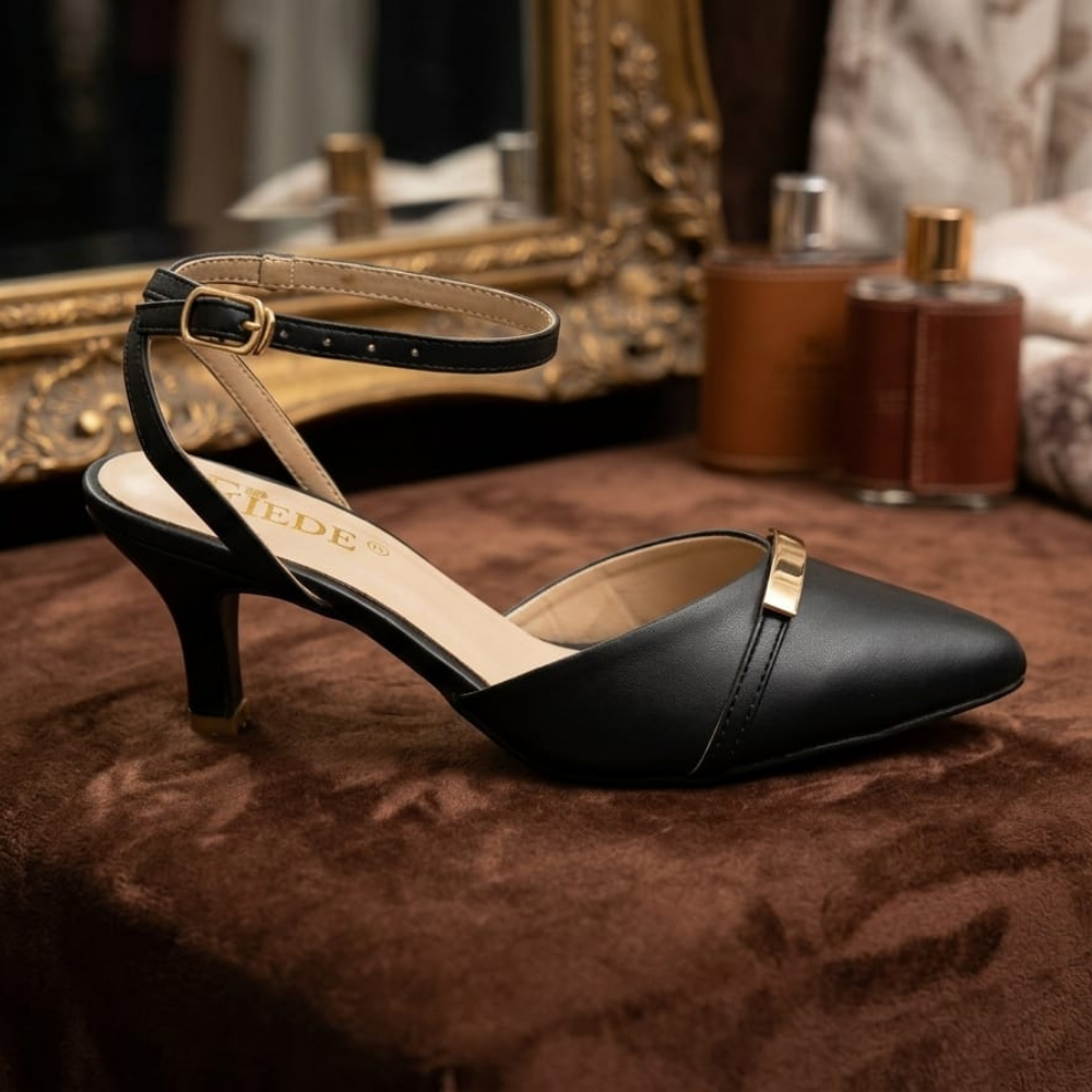 Black Pointed Ankle-Strap Kitten Heels