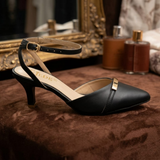 Black Pointed Ankle-Strap Kitten Heels