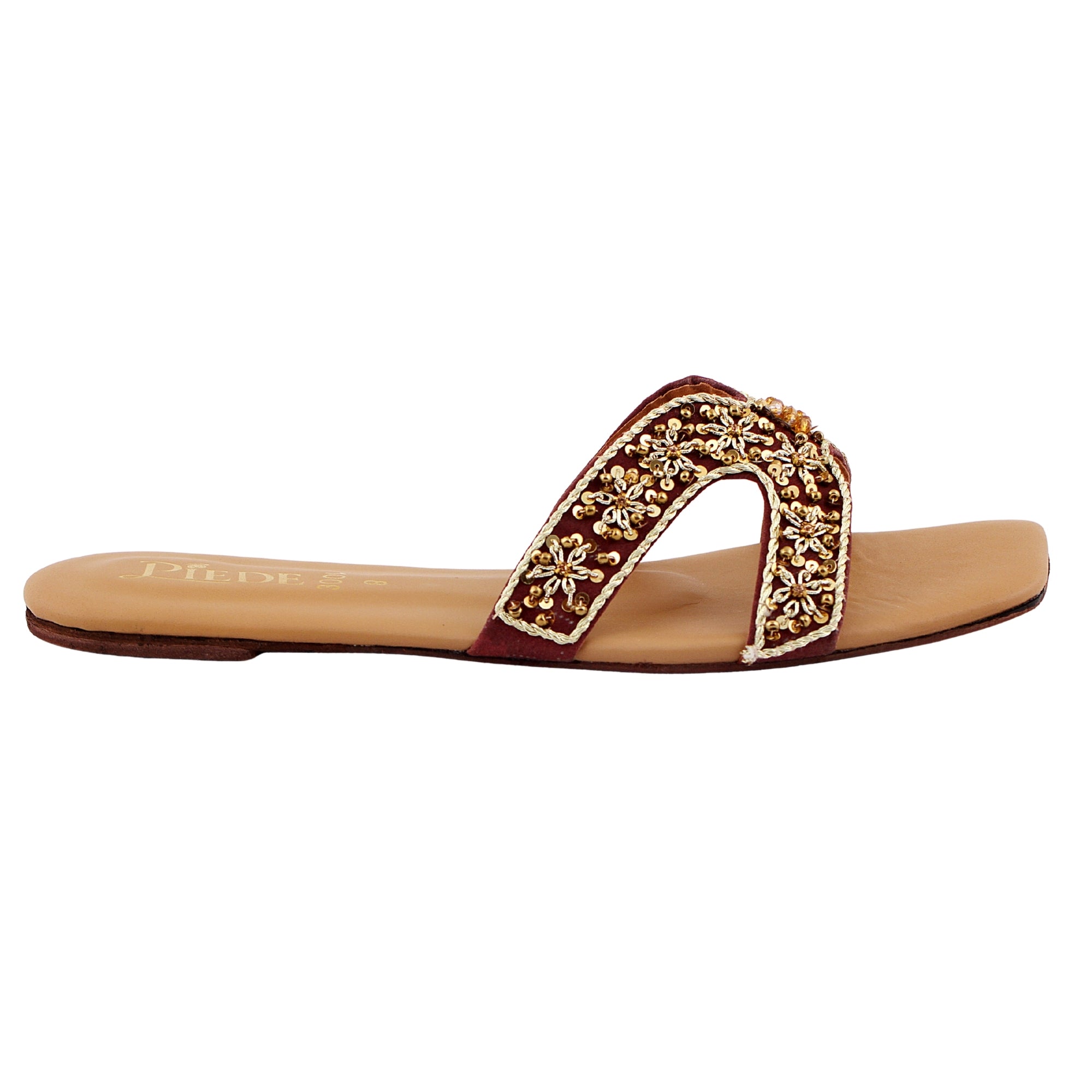 Maroon Embroidered Leather Flats