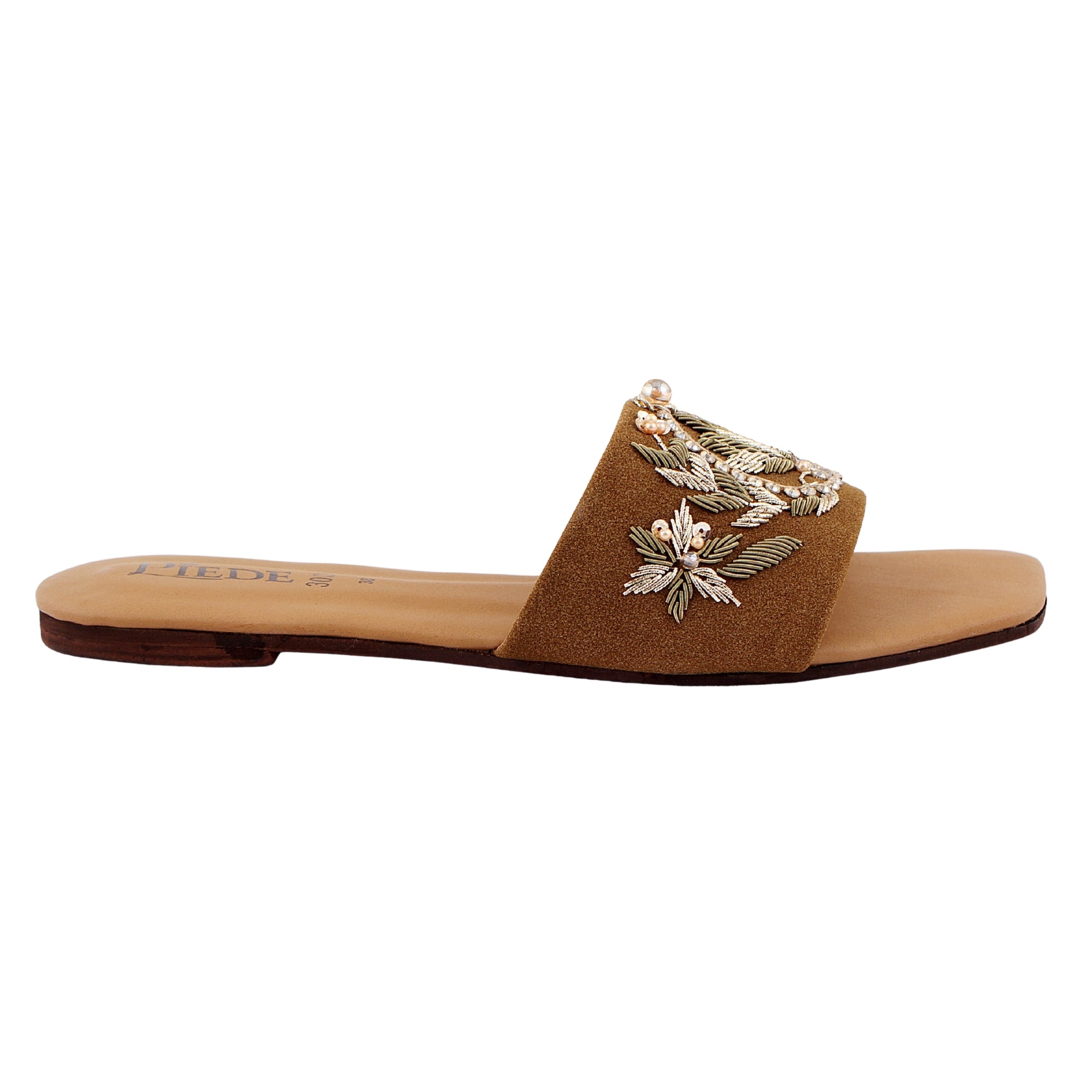 Brown Suede Embroidered Leather Flats