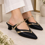 Black Metallic-Strap Pointed Heels
