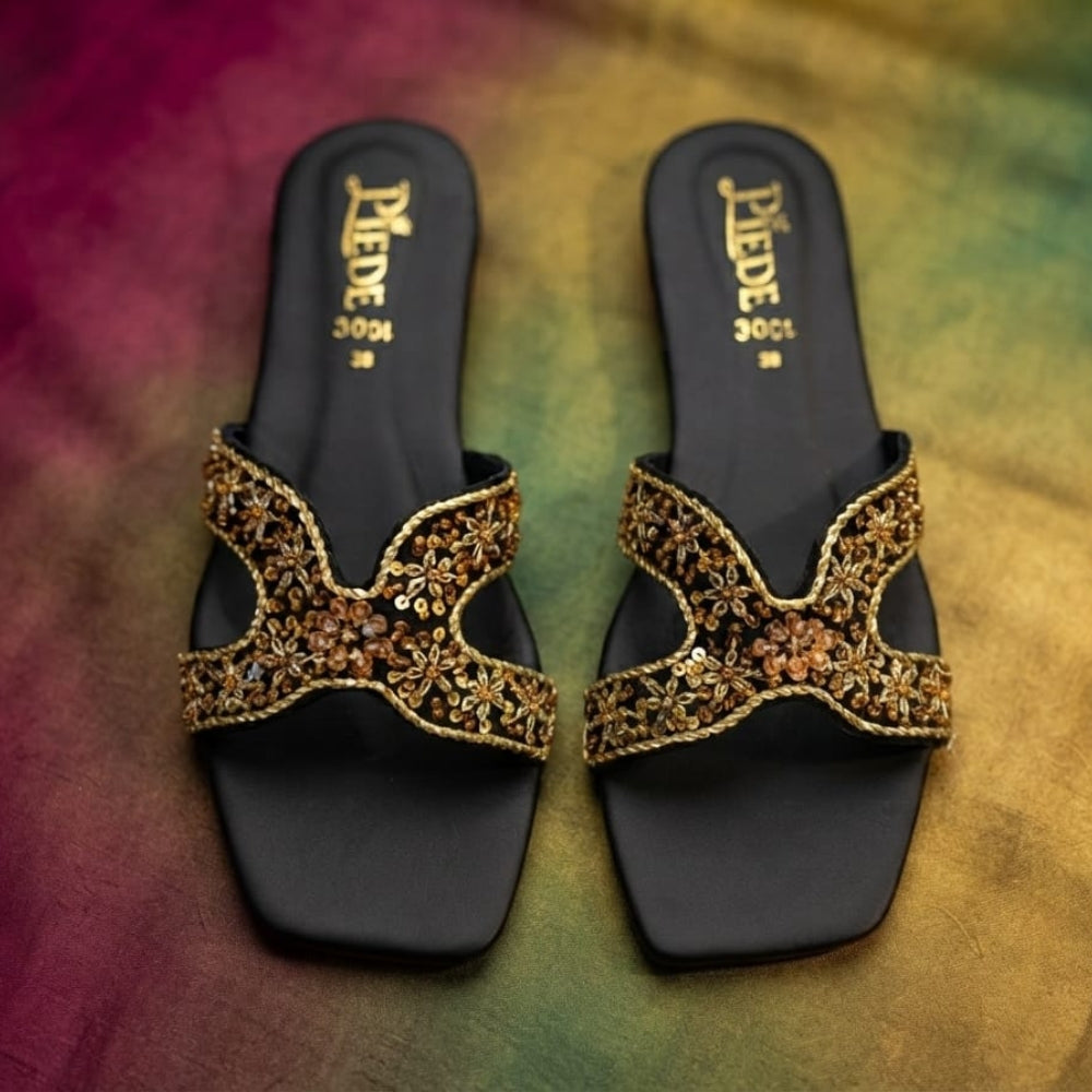 Black Embroidered Leather Flats