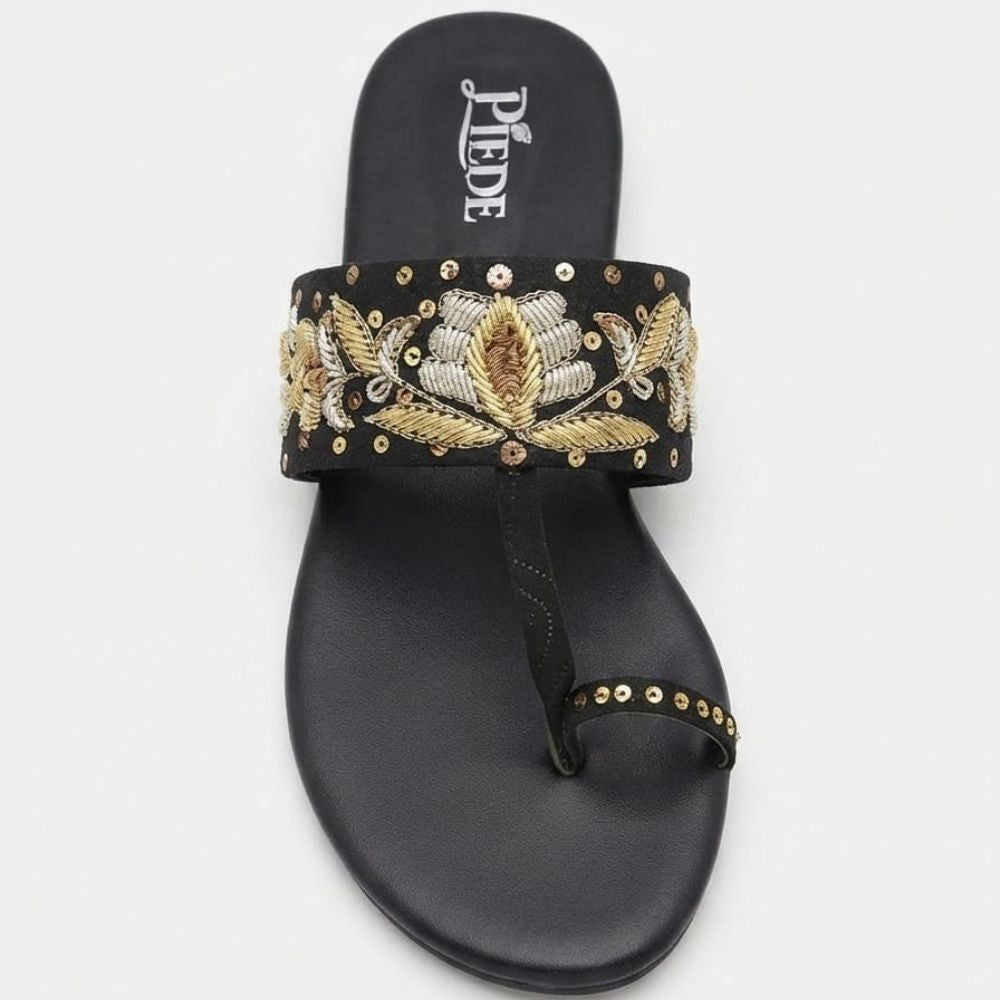 Black Embroidered Toe-Ring Flats