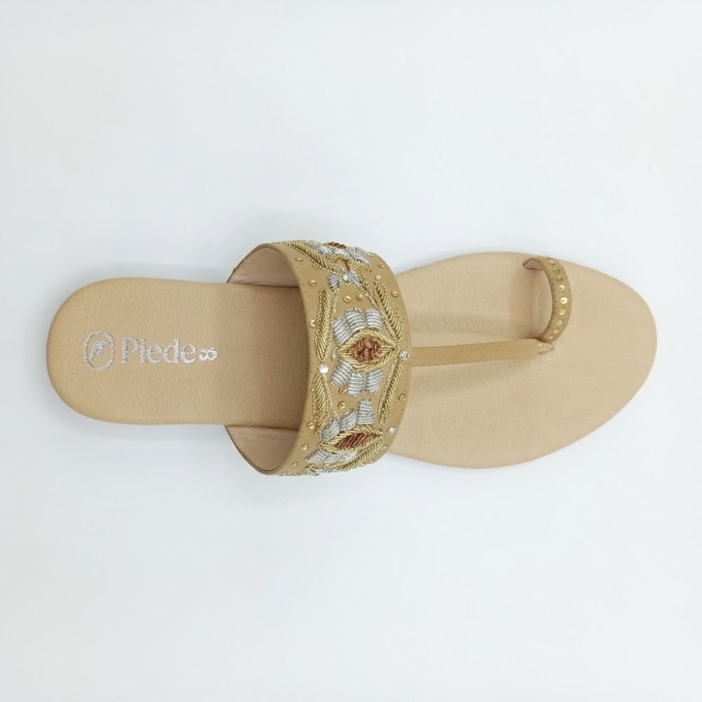 Cream Embroidered Toe-Ring Flats
