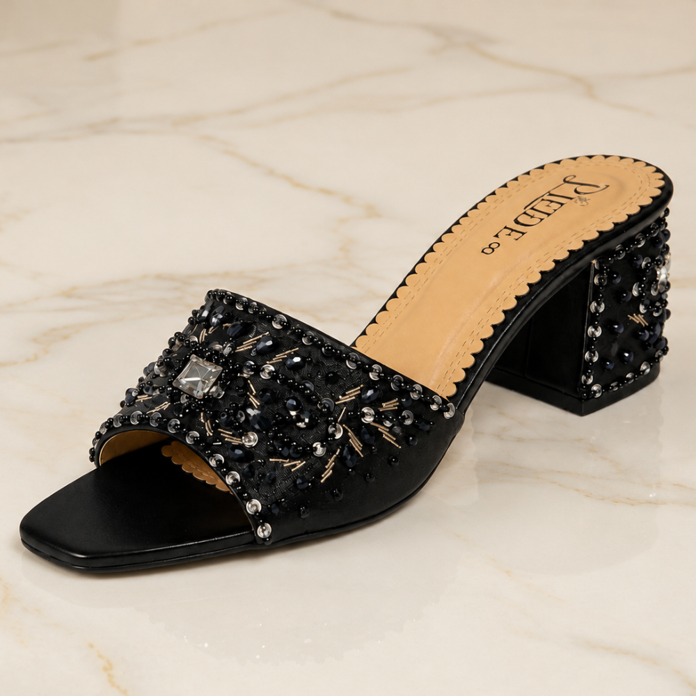 Bridal Handmade Black Crystal Block Heel