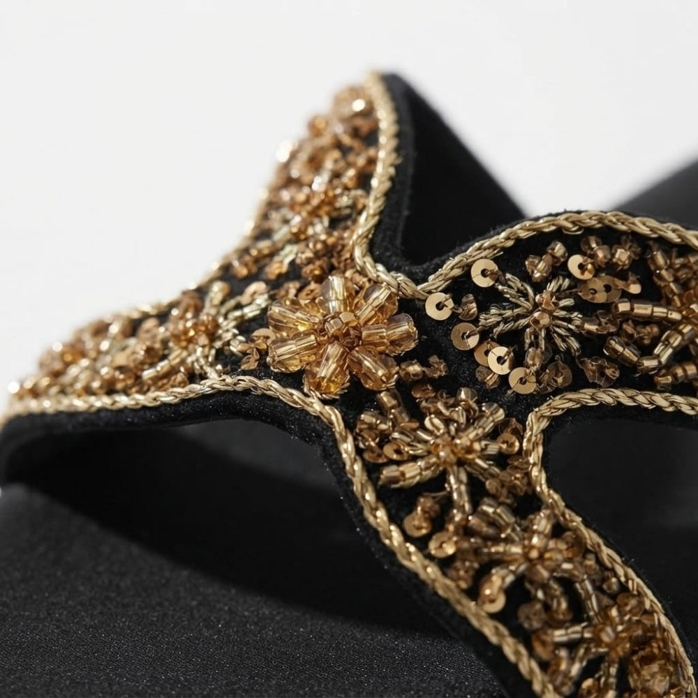Black Embroidered Leather Flats