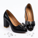 Black Snakeskin Peep-Toe Block Heels