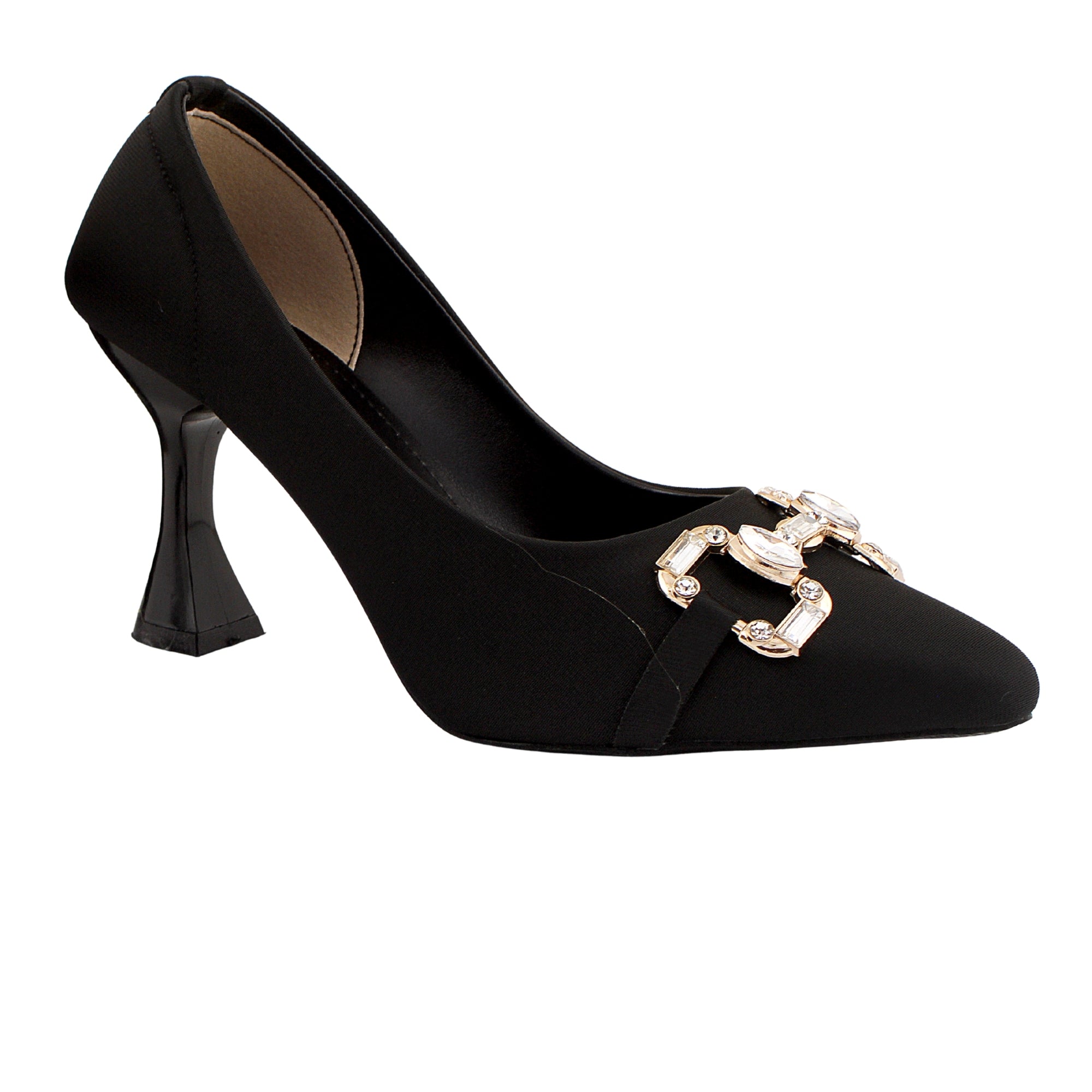 Black Pointed Toe Pumps with Gold Buckle