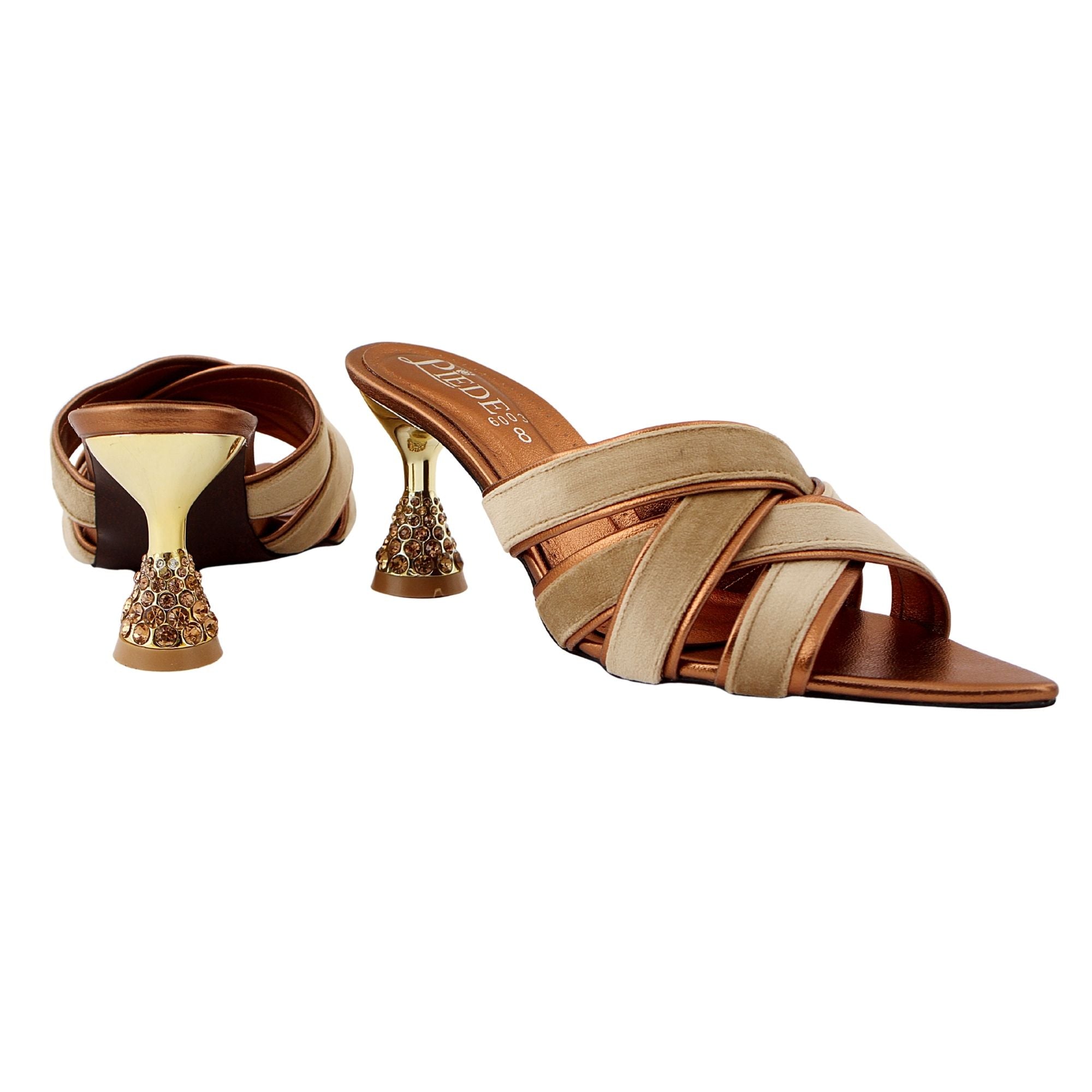 Beige Velvet Criss-Cross Jewelled Heel