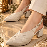 Cream Woven Pointed-Toe Block Heels