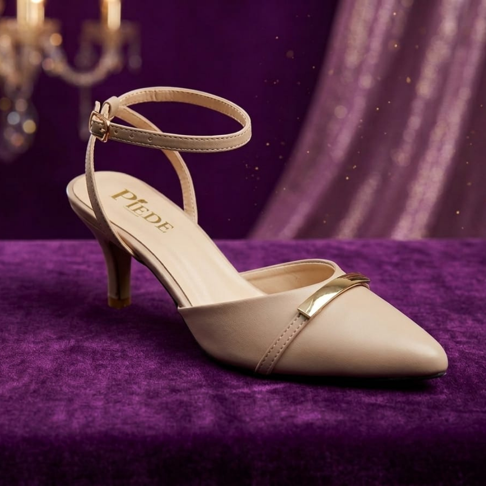 Cream Pointed Ankle-Strap Kitten Heels