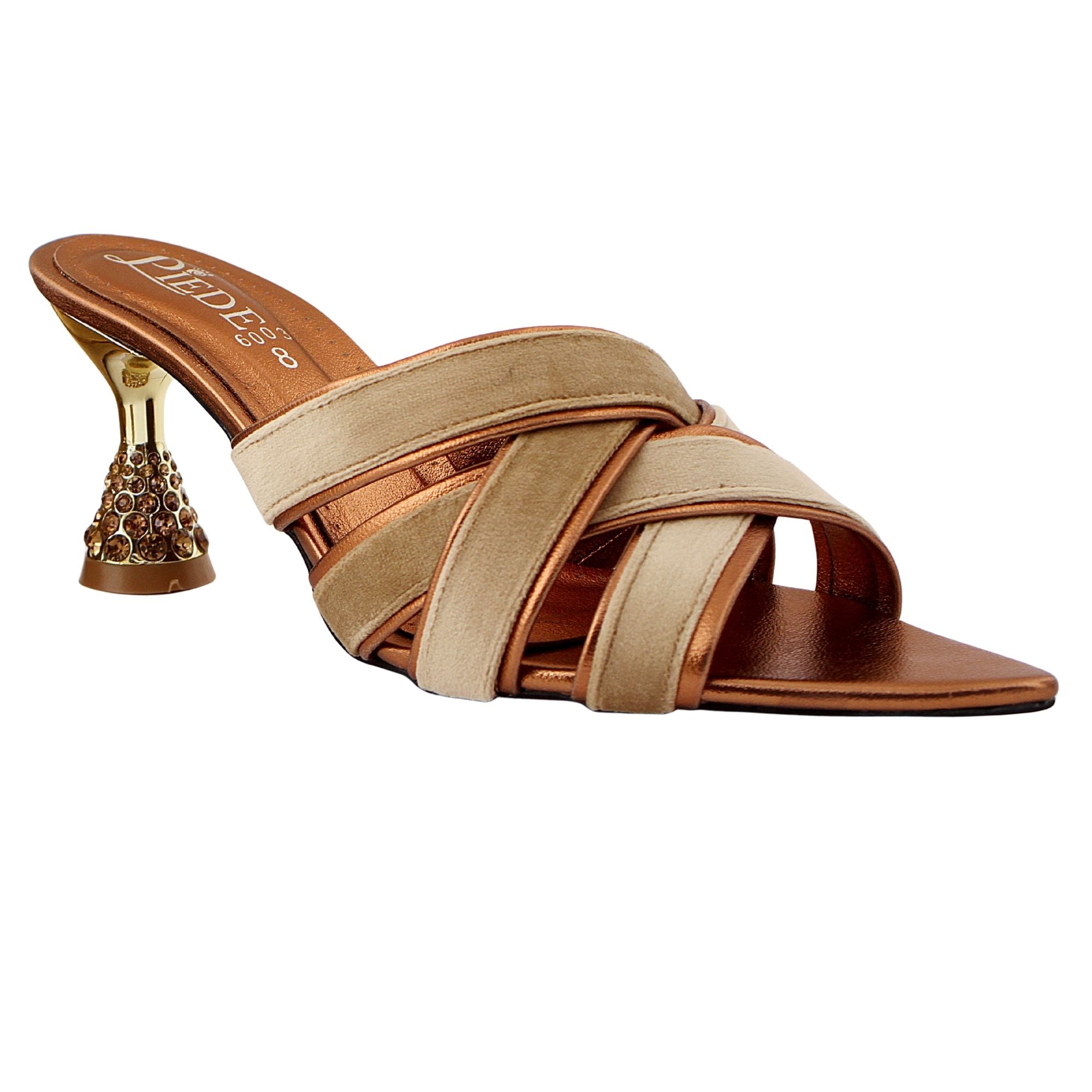 Beige Velvet Criss-Cross Jewelled Heel
