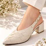 Cream Woven Pointed-Toe Block Heels