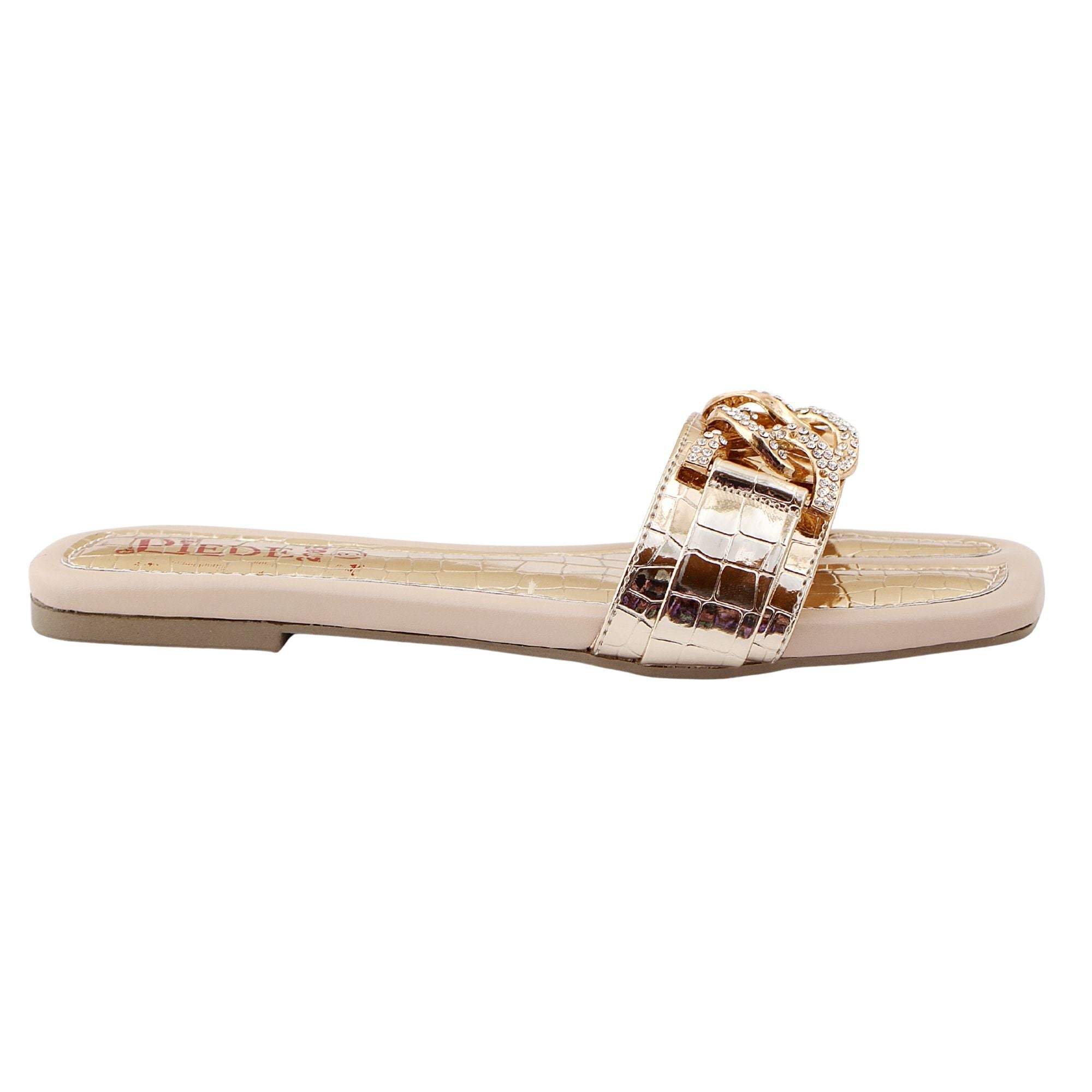 Beige Croc Chain-Strap Flats
