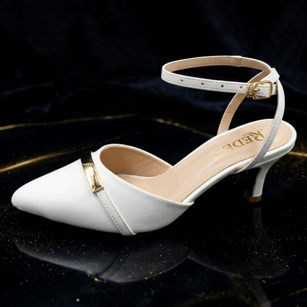 White Pointed Ankle-Strap Kitten Heels