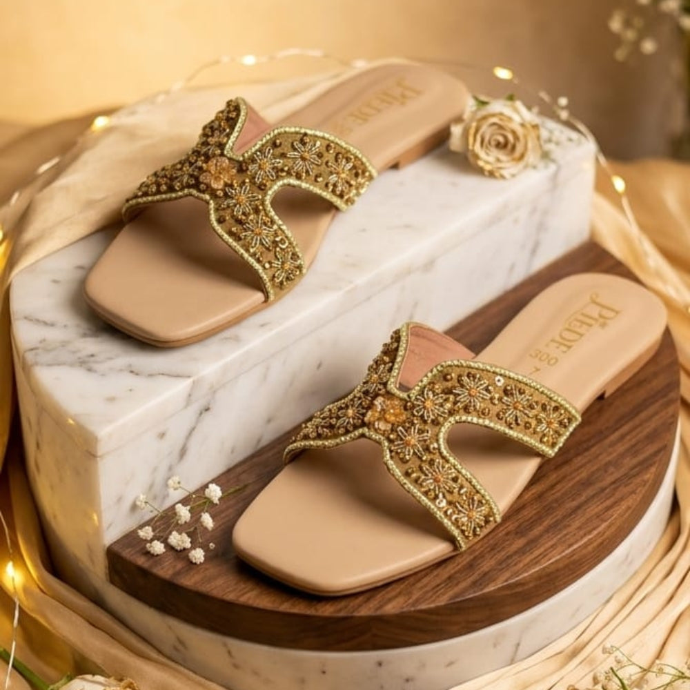 Cream Embroidered Leather Flats
