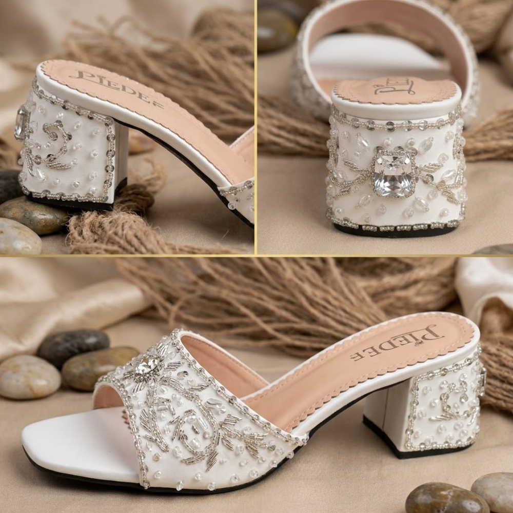 Bridal Handmade White Crystal Block Heel