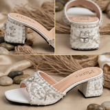 Bridal Handmade White Crystal Block Heel