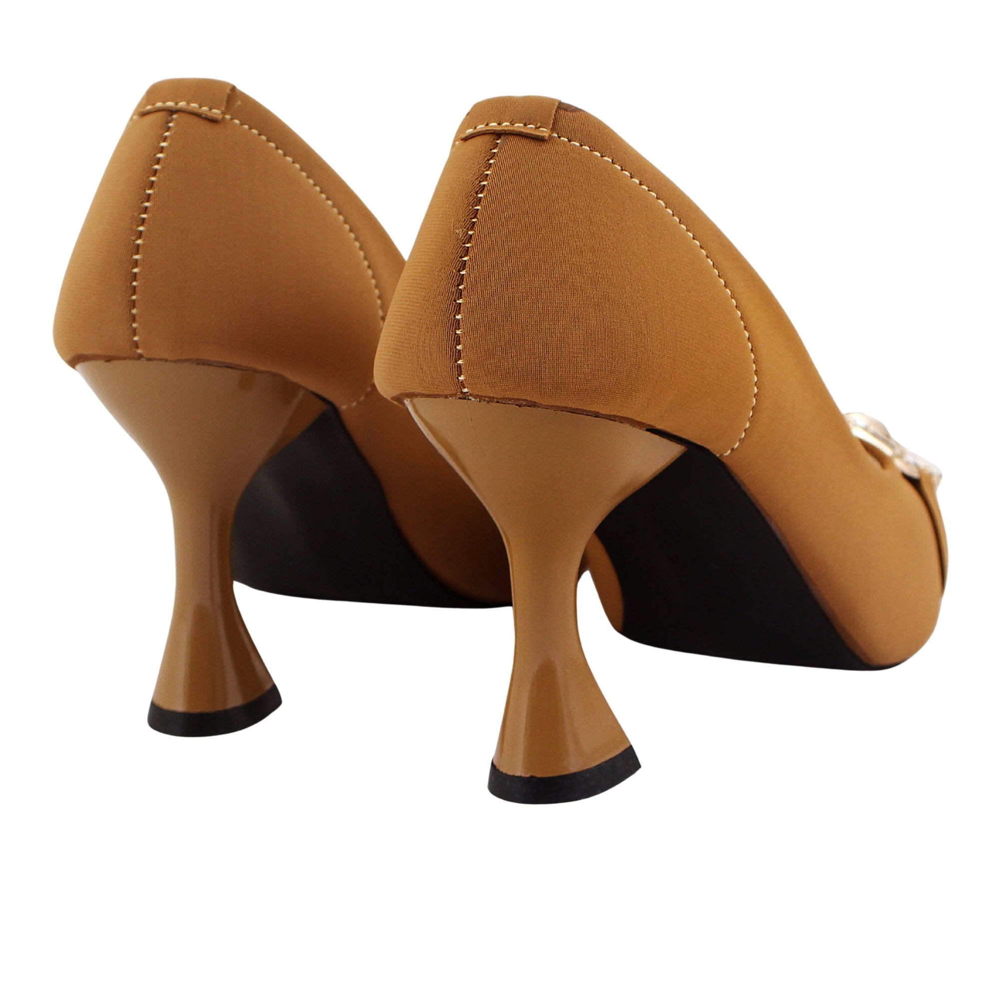 Camel Pointed Toe Pumps with Gold Buckle