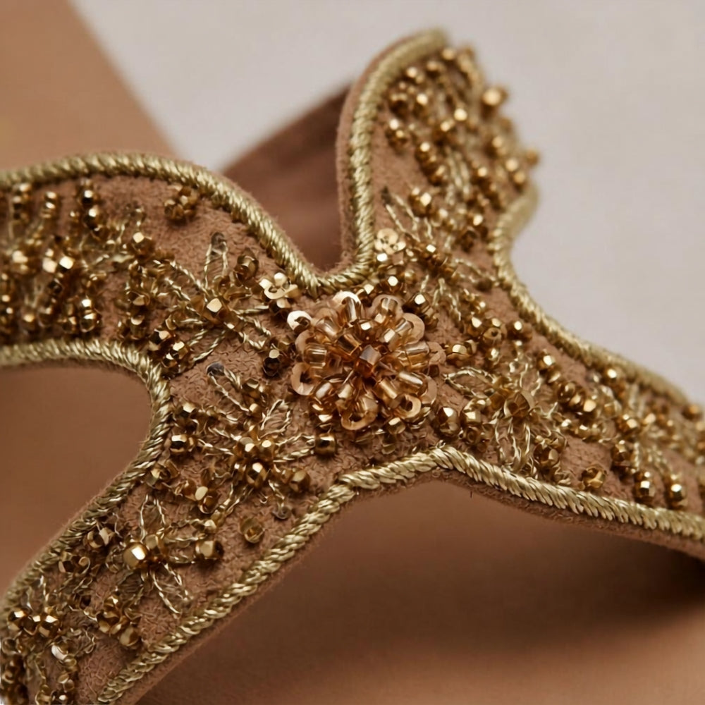 Cream Embroidered Leather Flats