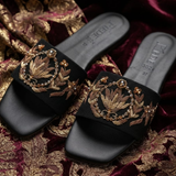 Black Suede Embroidered Leather Flats