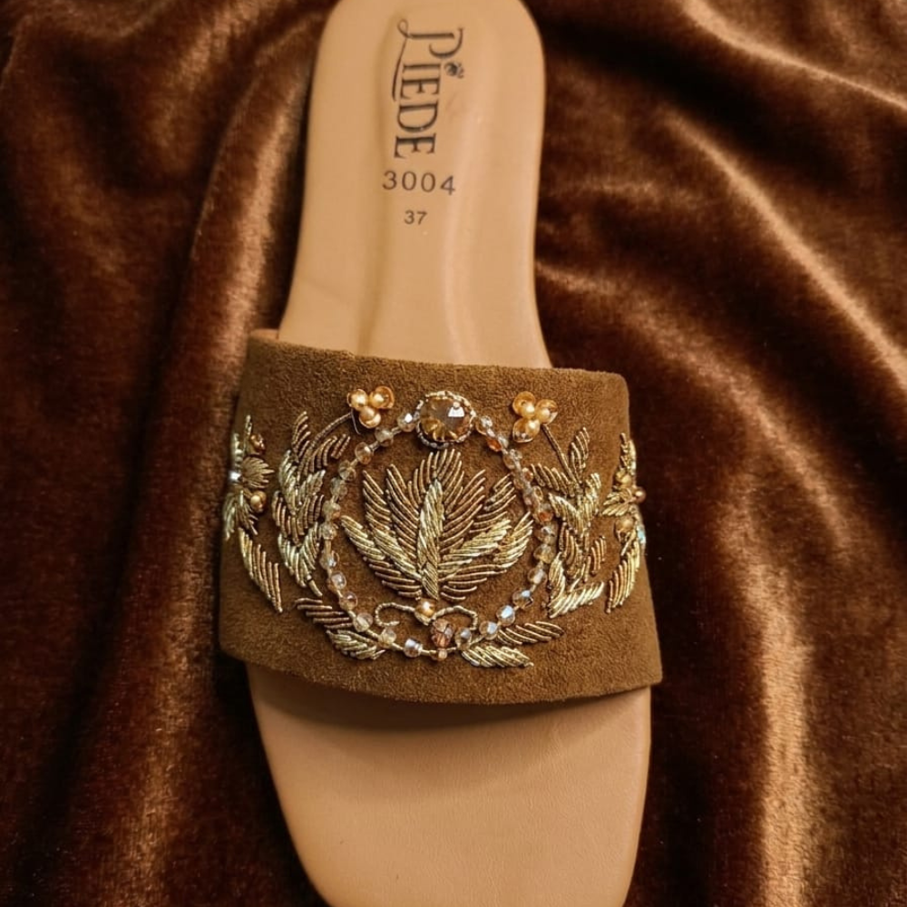 Brown Suede Embroidered Leather Flats