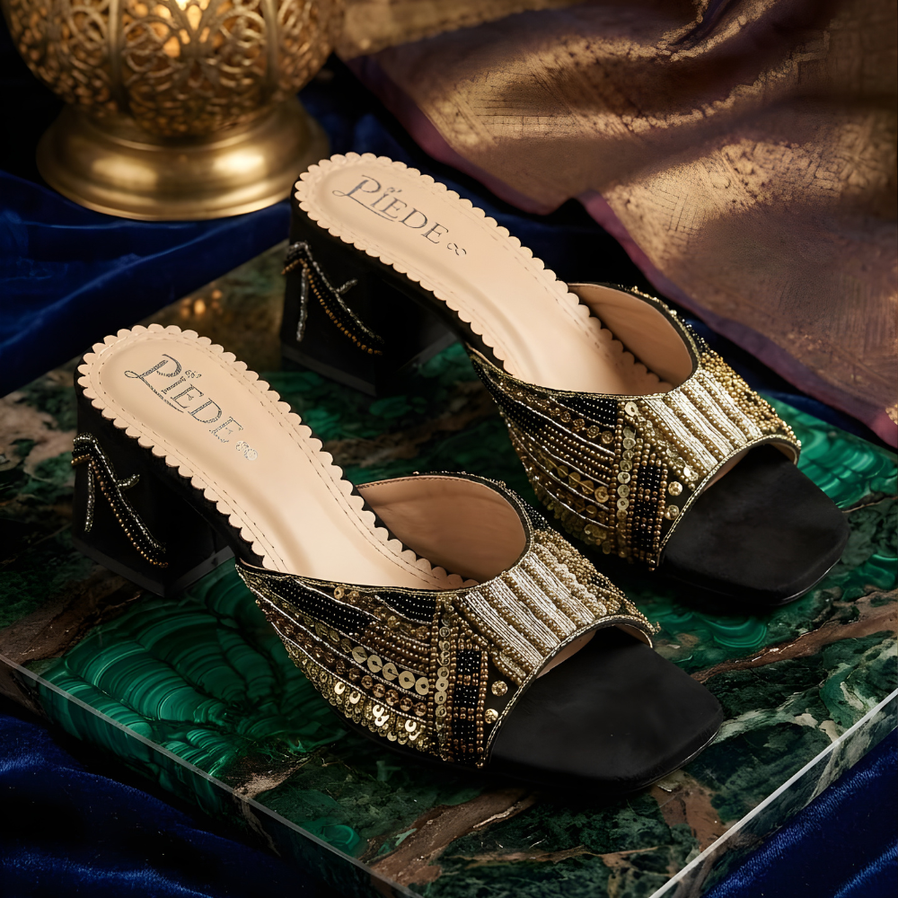 Bridal Black Zardozi Handmade Block Heels