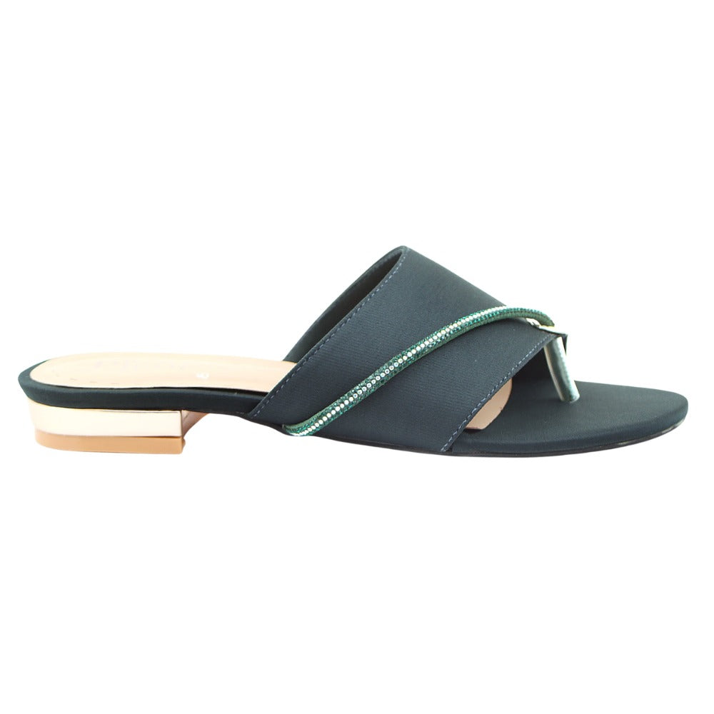Dark Green Stone-Embellished Toe-Loop Flat