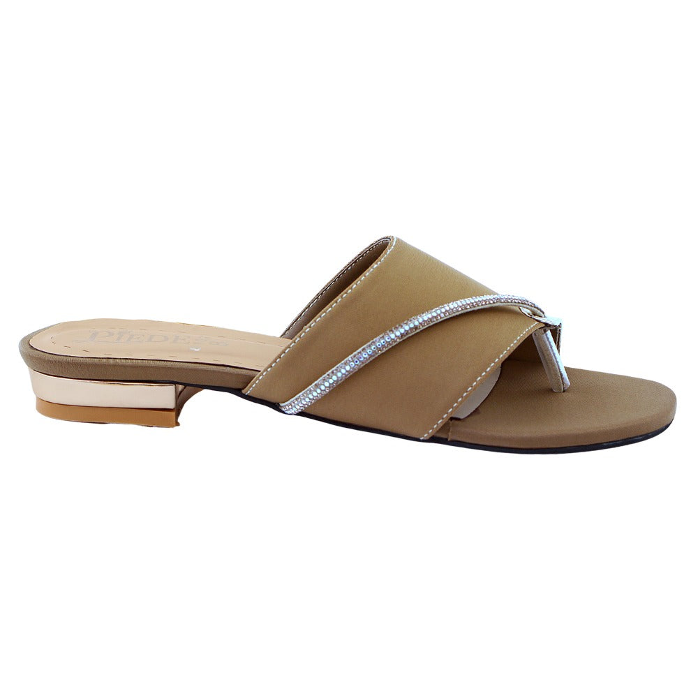 Beige Stone-Embellished Toe-Loop Flat