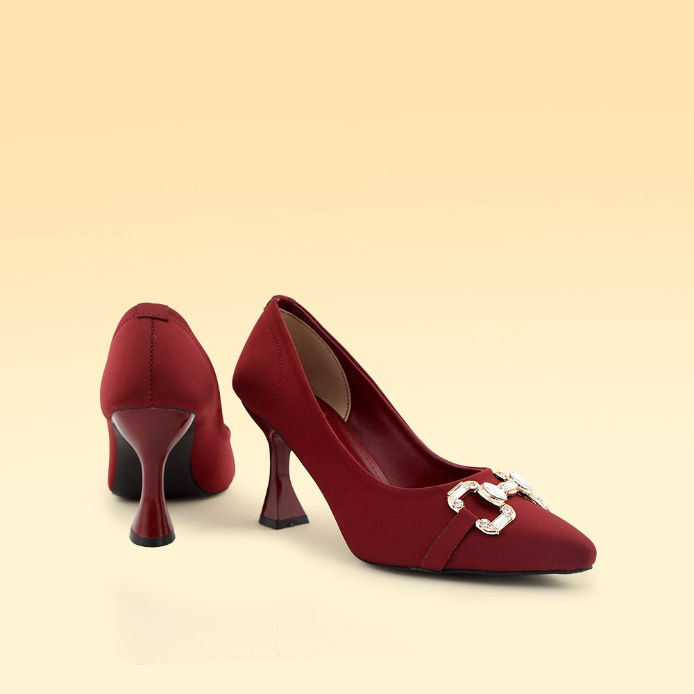 Maroon Pointed Toe Pumps with Gold Buckle