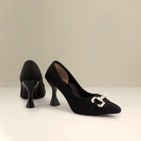 Black Pointed Toe Pumps with Gold Buckle