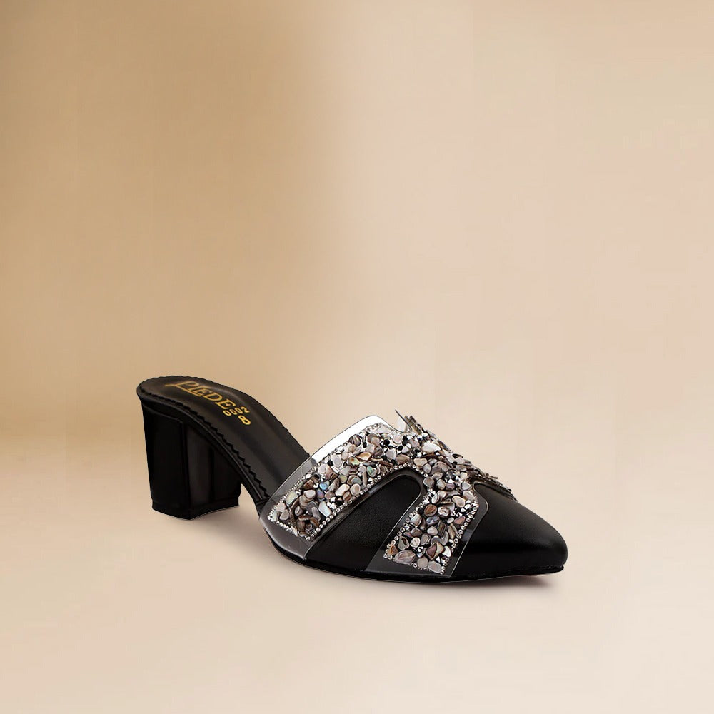 Black Stone-Embellished Heeled Mules