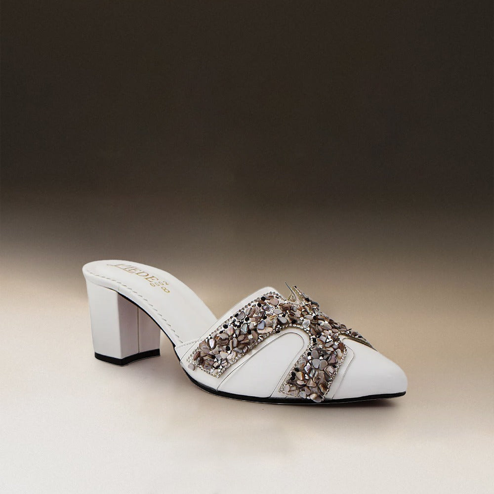 White Stone-Embellished Heeled Mules