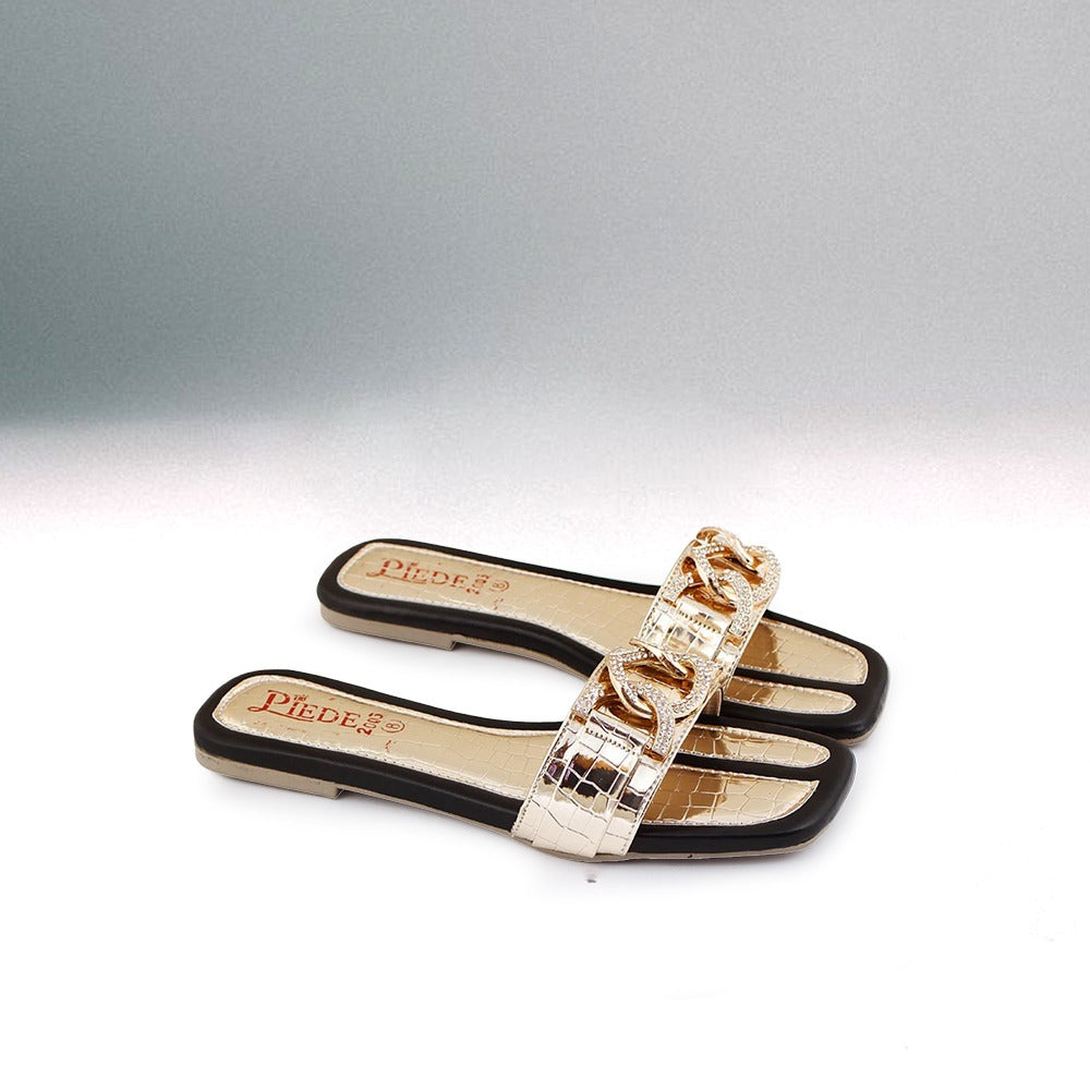 Black Croc Chain-Strap Flats